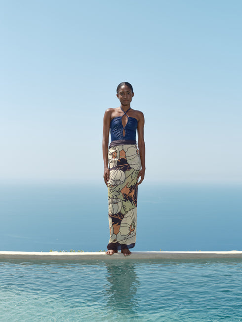 De La Falaise Cotton Silk Sarong / Navy - Sage Gladiolos Garden